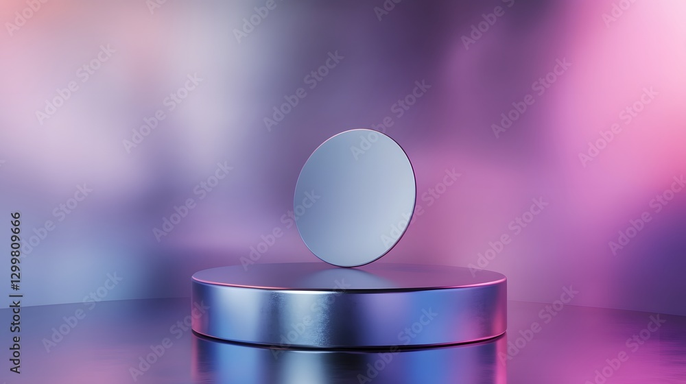 Poster a minimalist product showcase featuring a metallic blue and silver podium with soft reflections, set