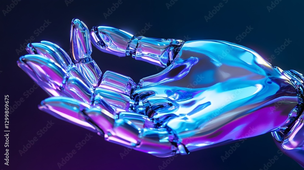 Poster a metallic robotic hand reaching out with smooth chrome plating reflecting cool blue and purple tone