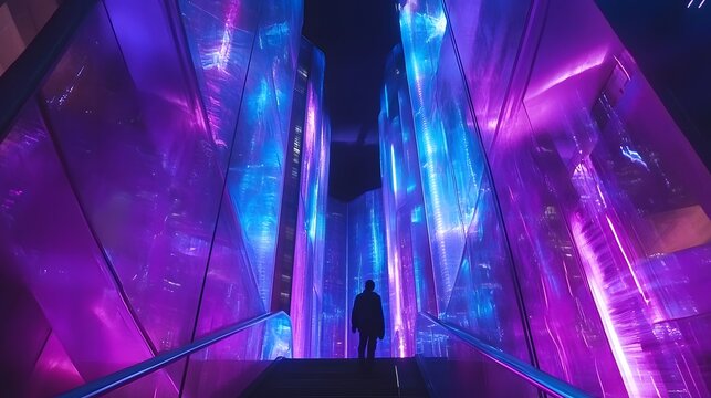 A high-tech cityscape at night illuminated by neon blue and purple lights, with chrome-plated skyscrapers reflecting the vibrant hues, creating a cyberpunk-inspired atmosphere 