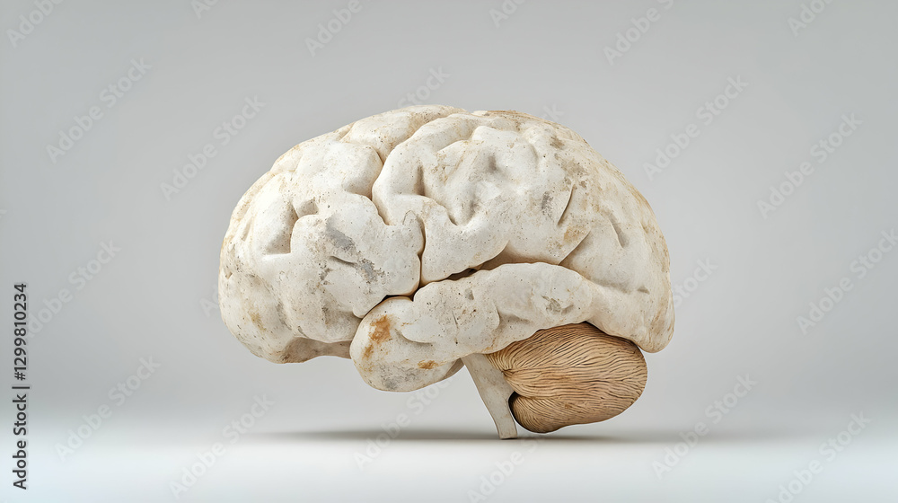 Poster pixelated three dimensional brain model floating on grey background