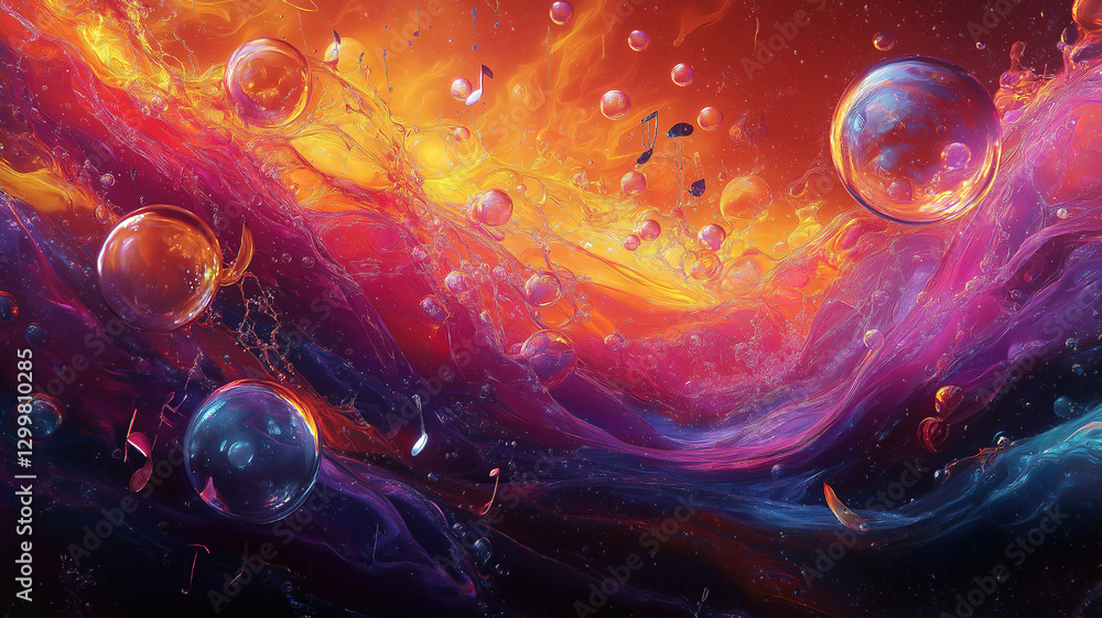 Aufkleber dynamic sound waves flowing through a colorful musical landscape with floating notes and bubbles