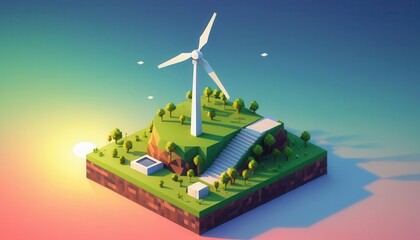 A Vibrant Island with a Wind Turbine Surrounded by Trees, Buildings, and a Beautiful Gradient Sky Capturing Renewable Energy and Sustainability Themes