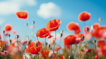 Fototapeta premium meadow with red poppies blue sky in the background. poppies field