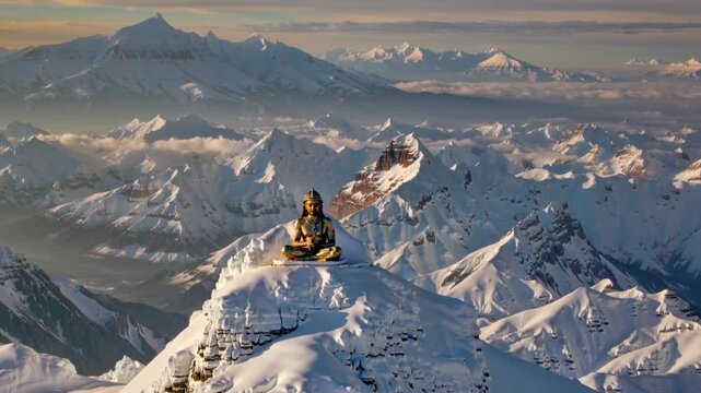 Lord Shiva Meditating on top of  snowy himalaya mountain