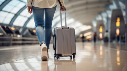Woman walking through the airport. Only her feet are visible in stylish and attractive shoes, and a suitcase rolls nearby, ready for vacation.