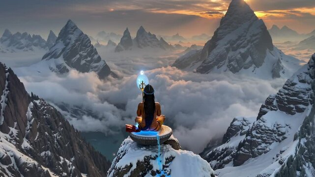 Lord Shiva Meditating on top of  snowy himalaya mountain