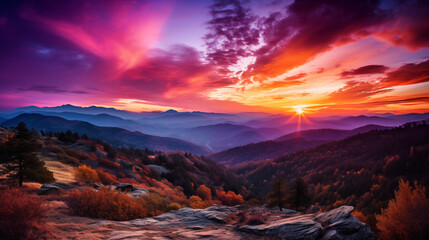 Obraz premium Amazing mountain landscape with colorful vivid sunset. Sunset in summer mountains