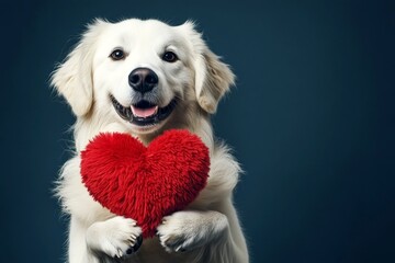 Commercial conceptual art. Cute anatolian shepherd dog pup with fluffy red heart - emblem of love, funny greeting card. Anatolian shepherd dog - my beloved dog. Heart-shaped toys. Pet love.
