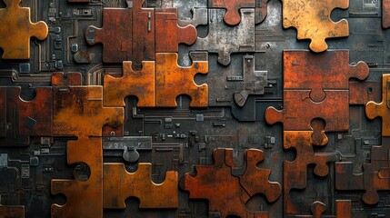 Microservices Integration: An abstract representation of puzzle pieces interlocking with circuit patterns, illustrating the concept of microservices integration in modern software architecture.