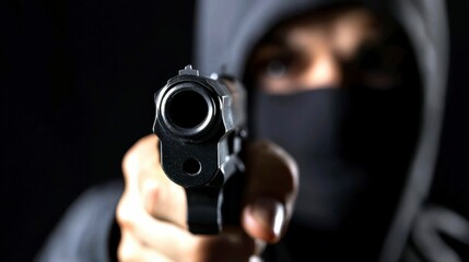 Obraz premium Menacing Gun Pointed Directly Forward Hooded Figure Concealed Face Threatening Stance in Dark Ambiance