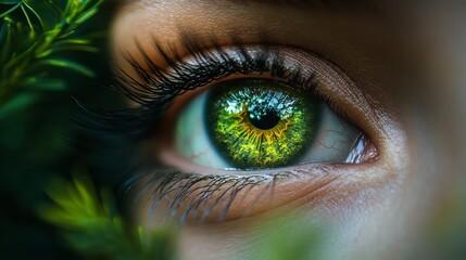 Close-up of a vibrant green eye partially hidden behind lush green foliage.