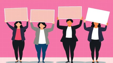 Fototapeta premium Diverse Group of Animated Characters Holding Blank Signs in Front of Pink Background