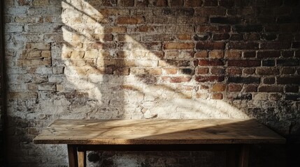 Rustic Wooden Table Against Vintage Brick Wall with Dramatic Shadows