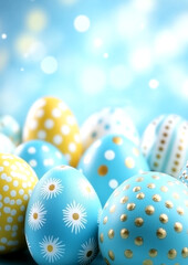 A bunch of painted eggs with blue and yellow polka dots. The eggs are arranged in a circle and are placed on a blue background