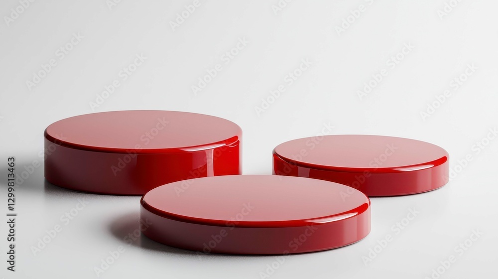 Poster trio of red display platforms for product showcase and elegant presentation in bright studio setting