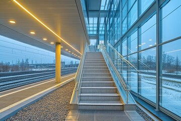 Obraz premium Modern train station stairway with glass walls. Illustrates efficient, modern transportation design.