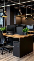 Contemporary Office Interior with Wood Desks Black Accents and Modern Lighting Fixtures