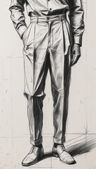 Sketch of structured waist pleated slacks on a plain white background