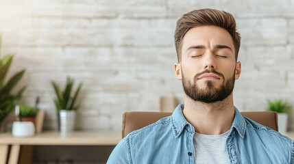 Obraz premium Professional Man Meditating at Desk with Eyes Closed in Modern Office Environment with Plants