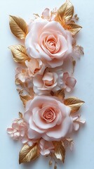 Roses Pink, Gold Arrangement on White Surface