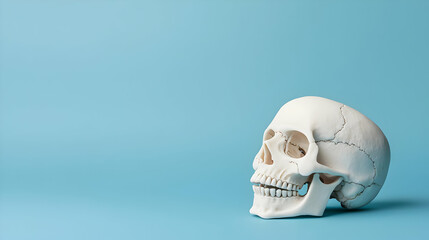 White Skull on a Light Blue Background with Dramatic Lighting and Anatomical Detail