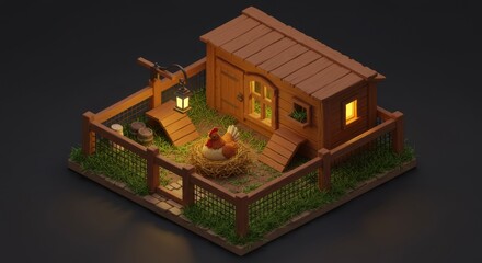 A cozy wooden cottage with a fenced garden, featuring a lantern and a nest with bielefelder kennhuhn, set in a serene environment