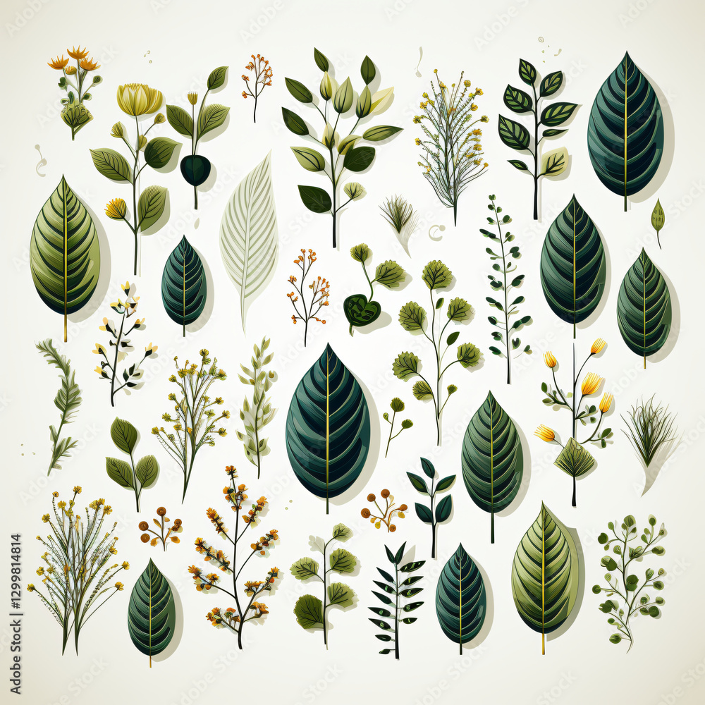 Poster rich variety of leaves and plants displaying different shapes, sizes, and textures in a natural fore