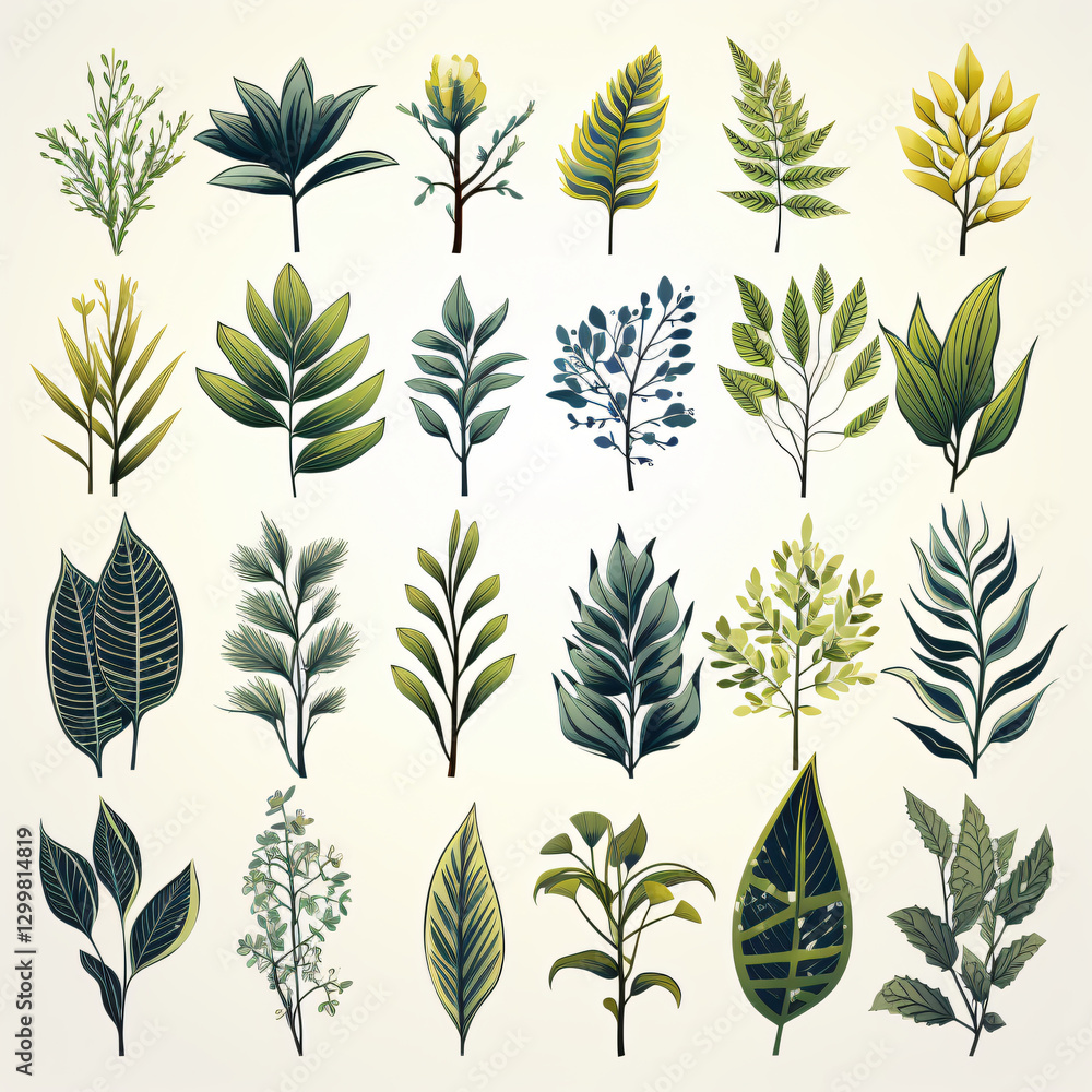 Poster diverse variety of leaves showcasing unique shapes and textures in a rich green natural setting