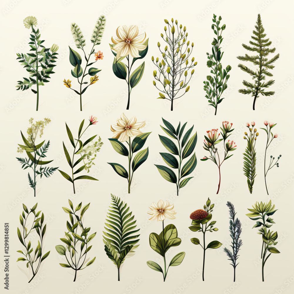 Poster diverse array of plants showcasing unique shapes, textures, and colors in a lush green natural envir