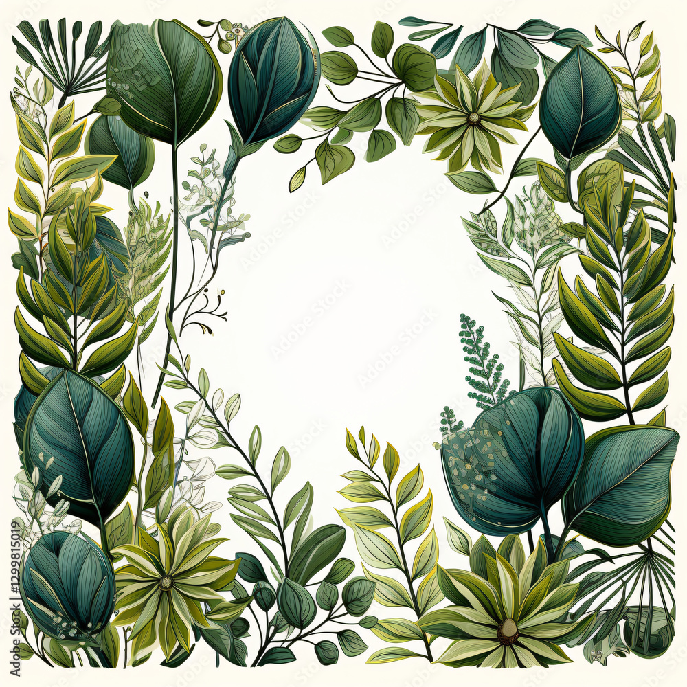 Poster a stunning frame composed of lush green leaves and plants creating a natural border that enhances vi