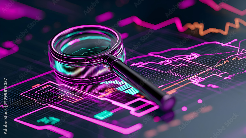 Poster magnifying glass overlaying data charts on a glowing digital circuit board with abstract neon lighti