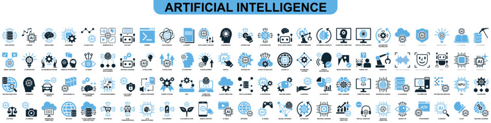 AI set icon vector featuring multiple related icons. Perfect for artificial intelligence, machine learning, and tech