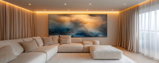 Modern Living Room with Soft Beige Couch and Abstract Wall Art