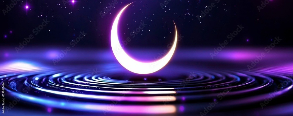 Poster serene nightscape with crescent moon reflected on water ripples creating mesmerizing visuals