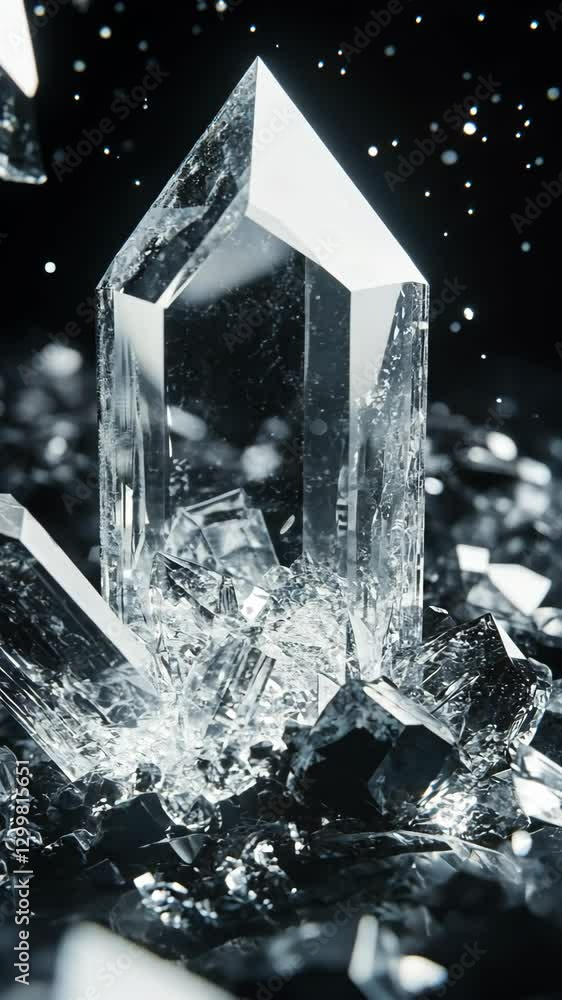 Poster sparkling crystal formation surrounded by smaller shards on a dark surface creates an enchanting dis