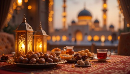 Ramadan Iftar Table with Lanterns, Dates, and Tea Against a Beautiful Mosque at Sunset – Spiritual and Peaceful Ramzanul Mubarak Atmosphere 