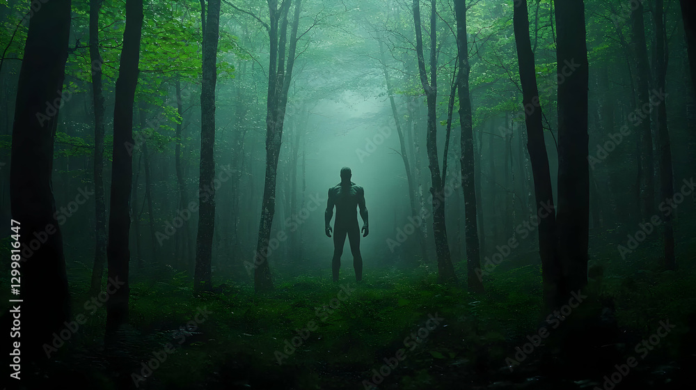 Poster silhouette robot standing in a dense forest illuminated by an ethereal light with lush greenery