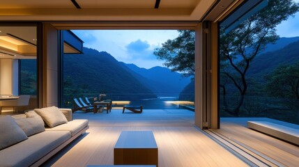 Fototapeta premium Modern living room with stunning mountain view. Perfect for showcasing luxury real estate or tranquil living concepts.