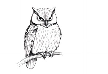 Fototapeta premium Owl Perched on Branch Illustration in Black and White Style