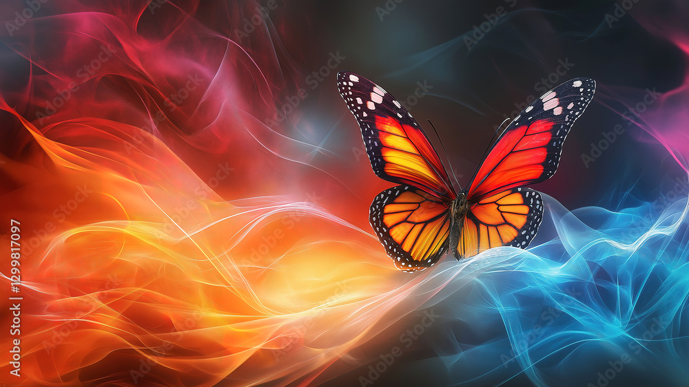 Poster dynamic abstract light waves in multiple colors blending seamlessly across the background