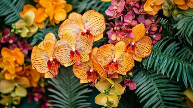 Vibrant orchids bloom in a lush garden during springtime, showcasing an array of colors and detailed patterns on their petals
