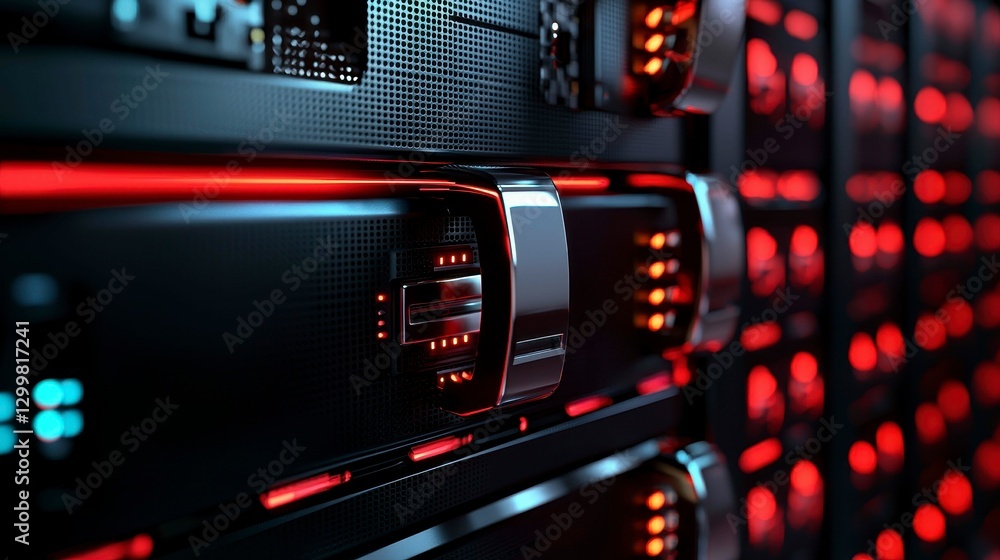 Poster data center hardware rack servers with intense red lighting futuristic server technology