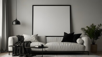 Mockup black poster frame and accessories decor in cozy white interior background