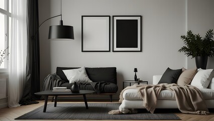 Mockup black poster frame and accessories decor in cozy white interior background