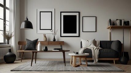Mockup black poster frame and accessories decor in cozy white interior background