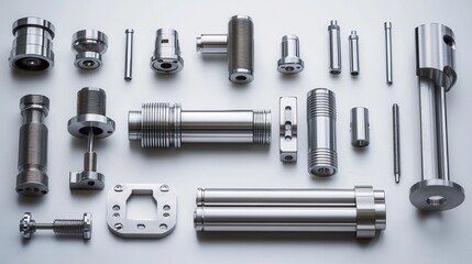 Precision-engineered metal components arranged on white background. Illustrates high-quality manufacturing and precision engineering for industrial or technical use.