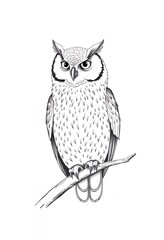 Fototapeta premium Detailed Owl Perched on Branch Illustration in Black and White