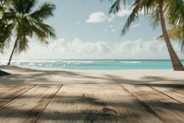 Fototapeta premium Wooden surface overlooking a serene beach with palm trees, clear turquoise water, and a bright sunny sky.
