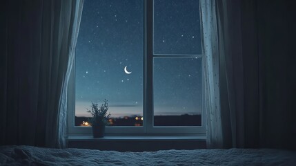 Tranquil Night Sky Visible Through Cozy Window with Moon and Stars