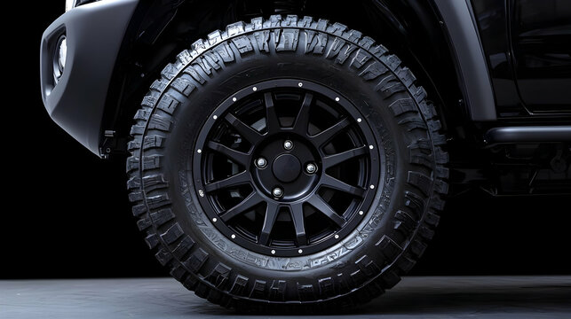 Close Up Of A Black Vehicle Tire And Rim Against A Dark Background